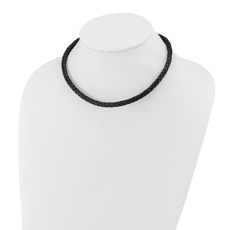 Stainless Steel Polished 6mm Woven Black Leather 19.5 Inch Necklace