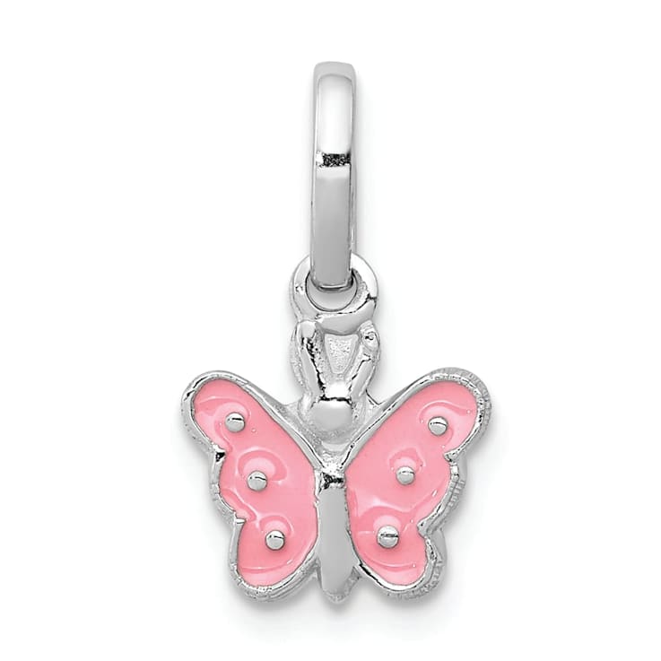 Rhodium Over Sterling Silver Pink Enameled Butterfly Children's Pendant