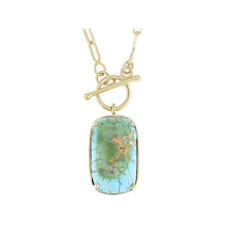 Bi-Color Turquoise Rectangular Cushion Paperclip Pendant Necklace In 18K
Gold Over Sterling Silver