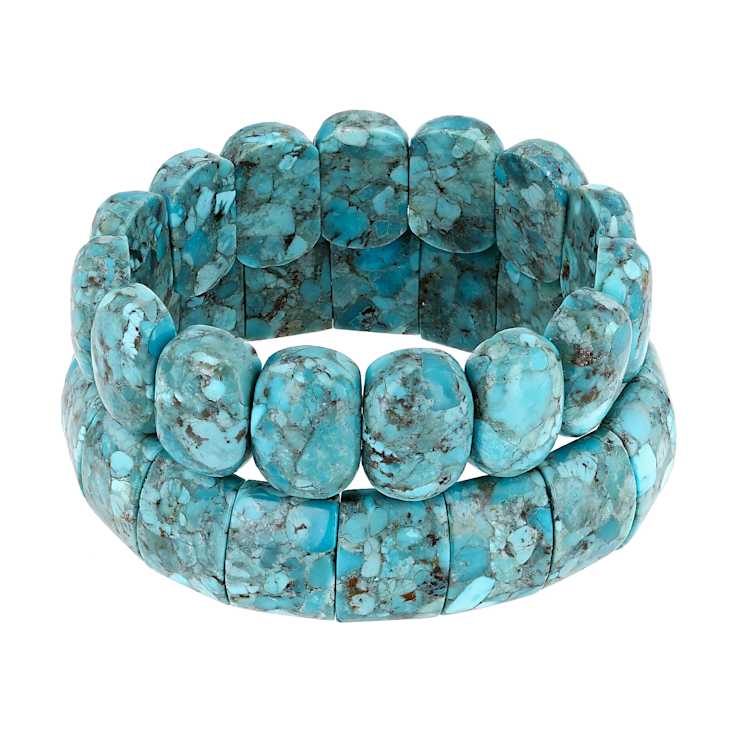 Large Turquoise Stretch Bracelet Set Of 2 In Sterling Silver