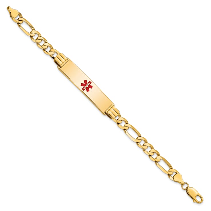 14k Yellow Gold Medical Red Enamel Flat Figaro Link ID Bracelet