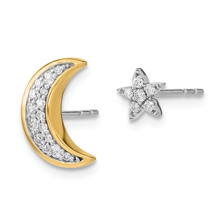 14K White Gold and 14K Yellow Gold Moon and Star Diamond Mis-match Stud Earrings