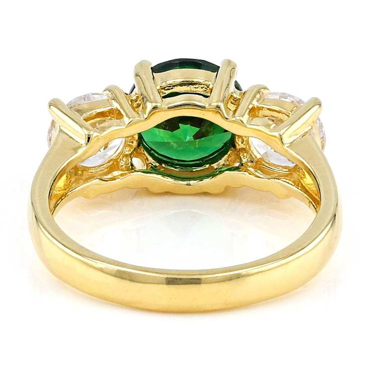 Green And White CZ 3-Stone Ring In 18K Gold Over Sterling Silver
