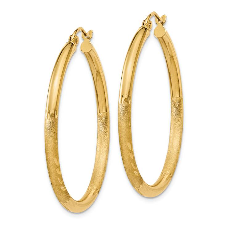 14k Yellow Gold Satin and Diamond-Cut 1 3/16" Round Hoop Earrings