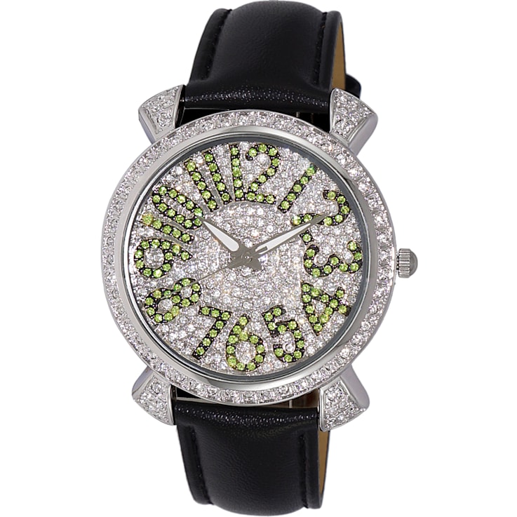 Adee Kaye Women's Flushy White Bezel, Black Leather Strap Watch