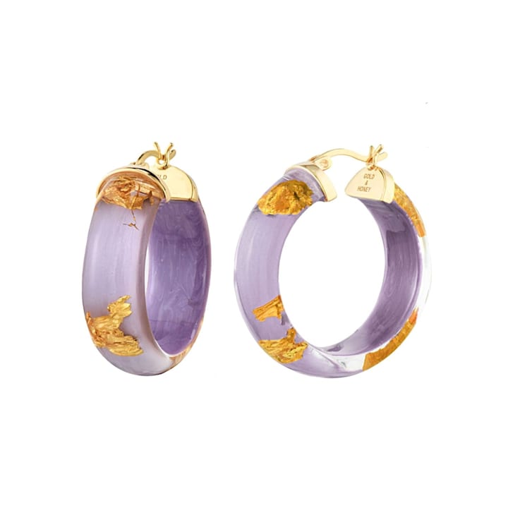 14K Yellow Gold Over Sterling Silver Mini Gold Leaf Acrylic Hoops in Lavender