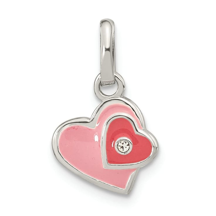 Rhodium Over Sterling Silver Pink Enamel Cubic Zirconia Double Heart Pendant