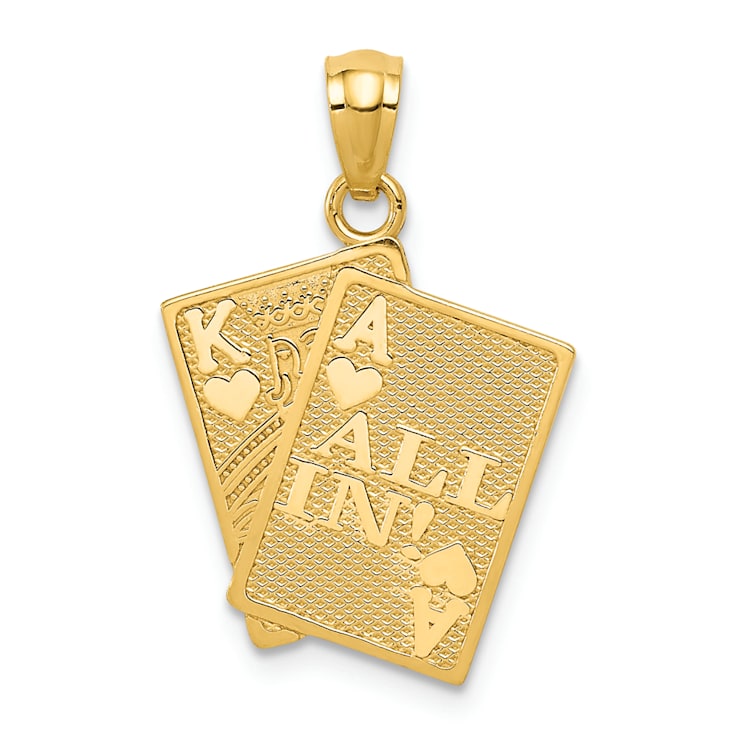 14k Yellow Gold Textured Ace of Hearts and King of Hearts All In Cards Pendant