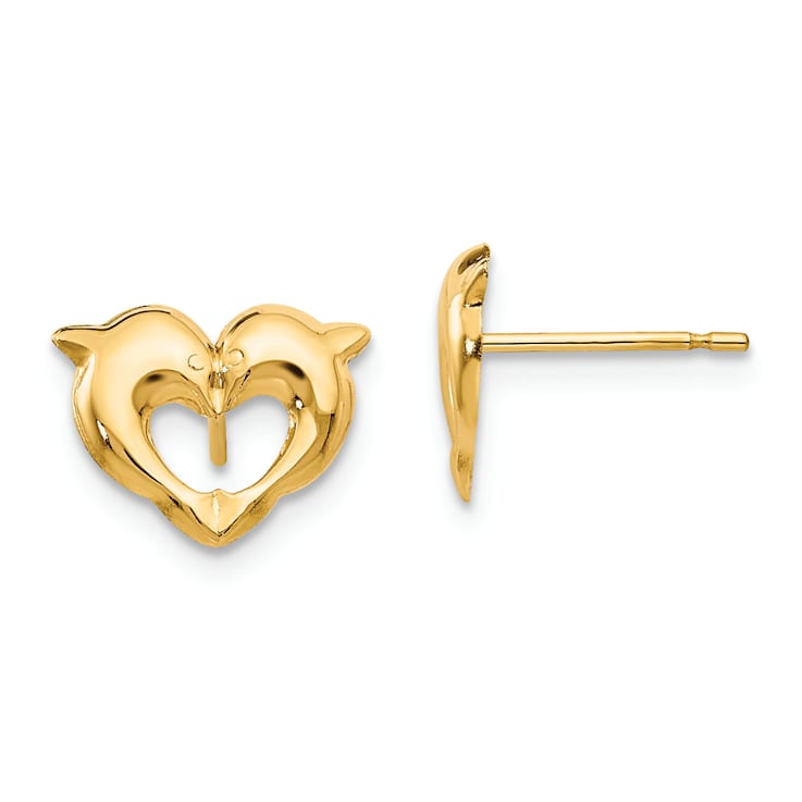 14K Yellow Gold Heart Dolphins Post Earrings