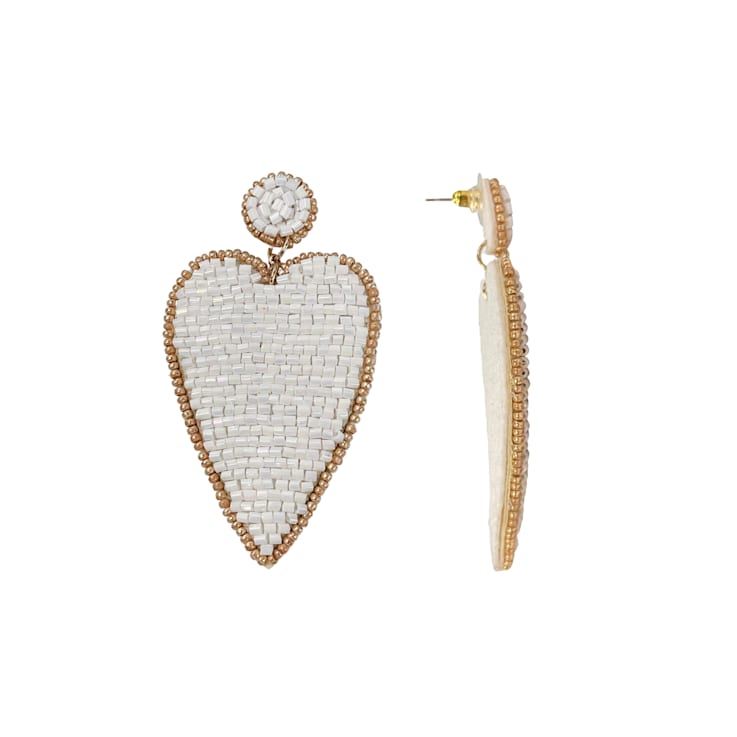Off Park® Collection, White Seed Beaded Heart Drop Earring.