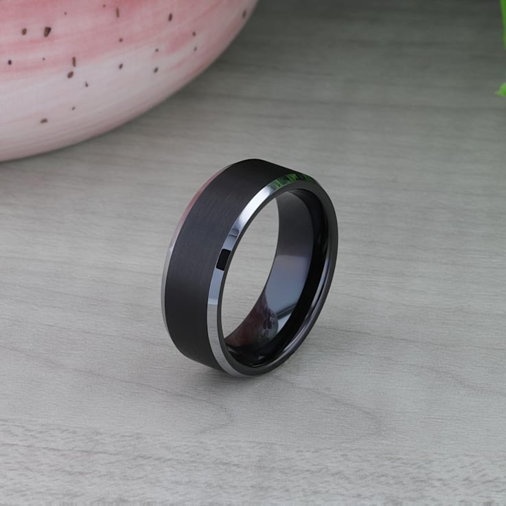 ASTON Black Brushed Center Tungsten Ring with Polished Beveled Edges 8mm