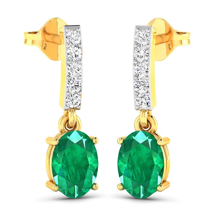 1.12ctw 14K Yellow Gold  Zambian Green Emerald and White Diamond Halo Earrings