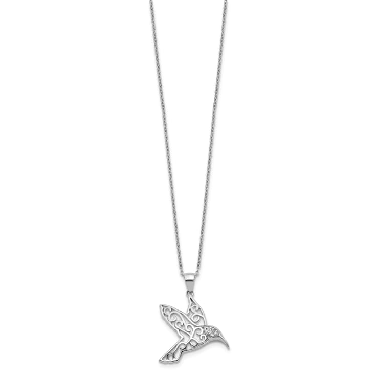 Rhodium Over Sterling Silver Cubic Zirconia Hummingbird Necklace