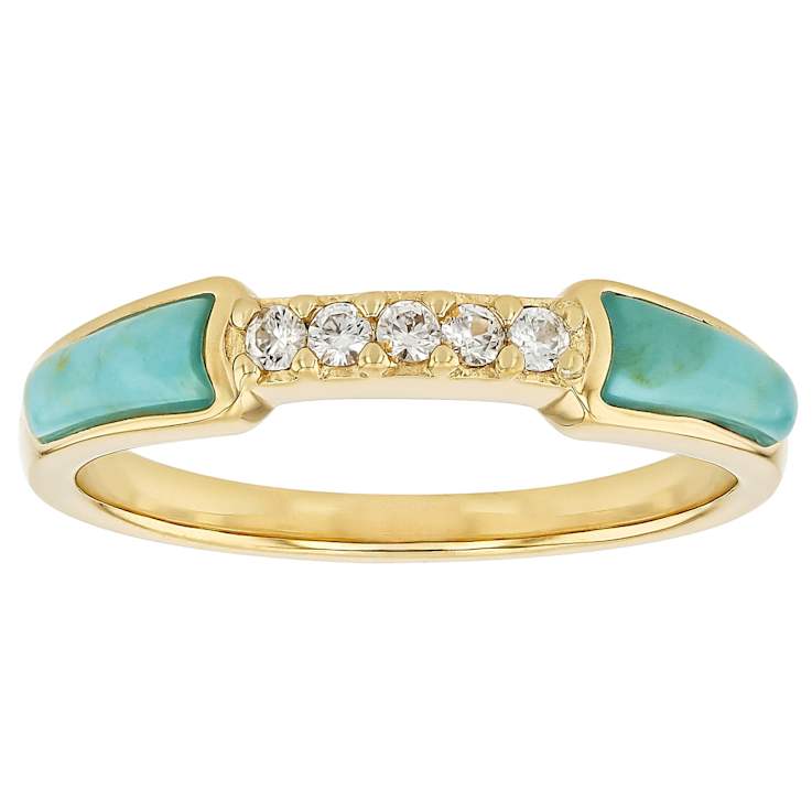 Turquoise Inlay And White Zircon Band Ring In 18K Gold Over Sterling
Silver 0.06ctw