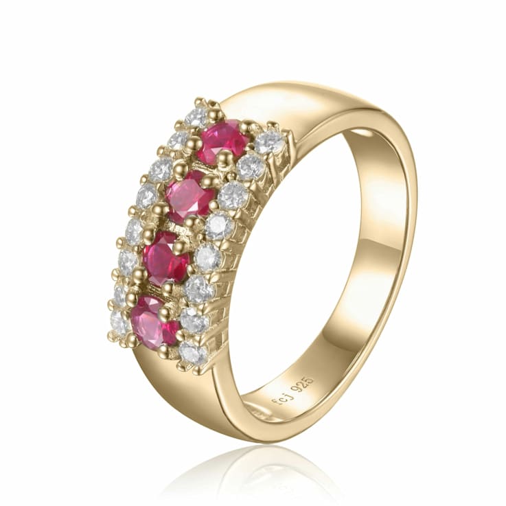 Oval Ruby and Round Moissanite 14K Yellow Gold Over Sterling Silver Wide
Band Ring