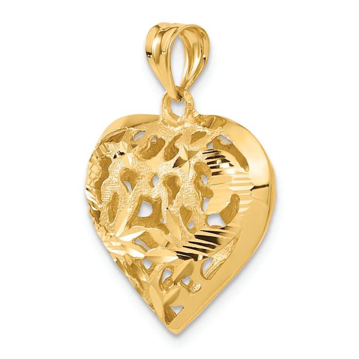 14k Yellow Gold 3D Satin and Diamond-Cut Fancy Heart Pendant
