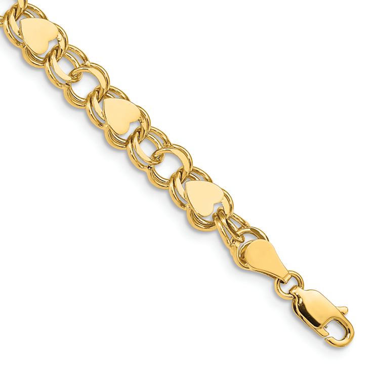 10k Yellow Gold 7mm Double Link with Hearts Charm Bracelet
