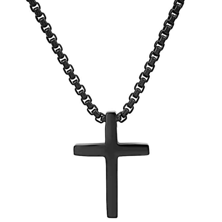 Men's Polished Cross Pendant With Chain In Black Ion-Plated Stainless Steel