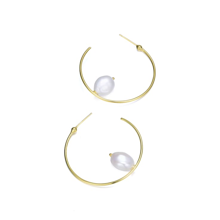 Freshwater Pearl Pear Shape Hoop Earrings In 14K Gold Over Sterling Silver