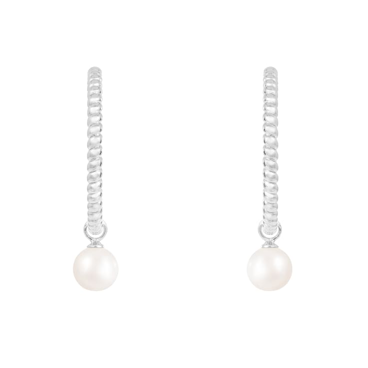 White Cultured Freshwater Pearl Rhodium Over Sterling Silver 7-8mm Round Earrings