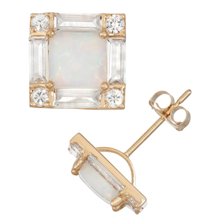 Square Lab Created Opal 10K Yellow Gold Stud Earrings 2.76ctw