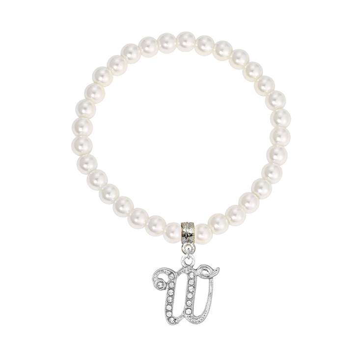 White Faux Pearl Bead Initial Charm Stretch Bracelet