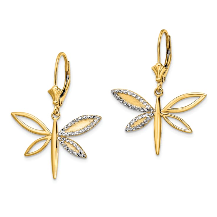 14K Yellow Gold and Rhodium Over 14K Yellow Gold Diamond-Cut Dragonfly
Dangle Earrings