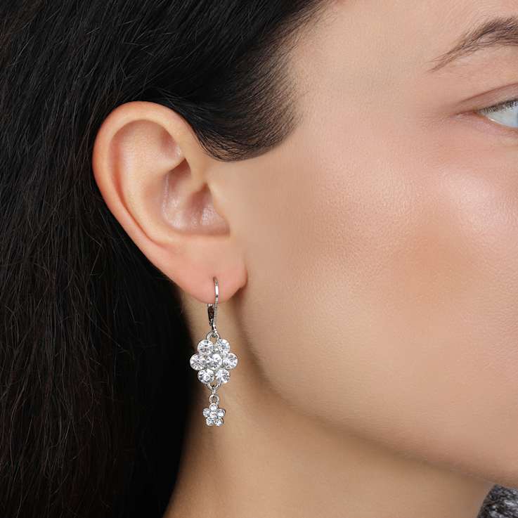 Silver Tone Crystal Flower Cluster Leverback Earrings