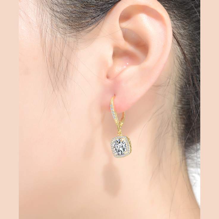 Square CZ Halo Drop Earrings In 14K Gold Over Sterling Silver