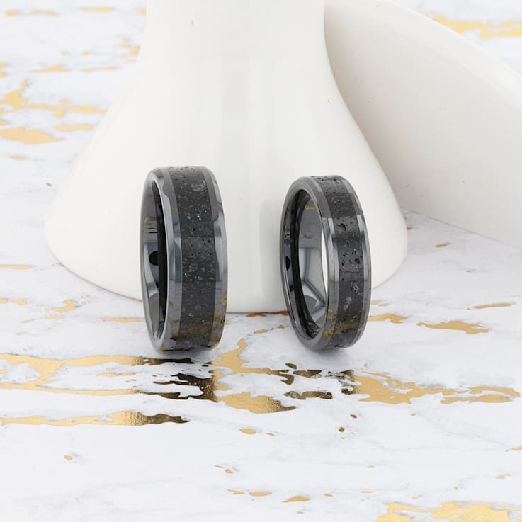 VESUVIUS Men’s Polished Black Ceramic Band with Lava Rock Stone Inlay
& Polished Beveled Edges 8mm