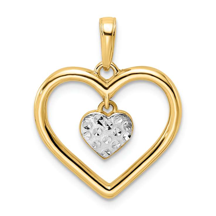 14K Two-tone Gold Diamond-Cut Heart with Dangle Heart Pendant
