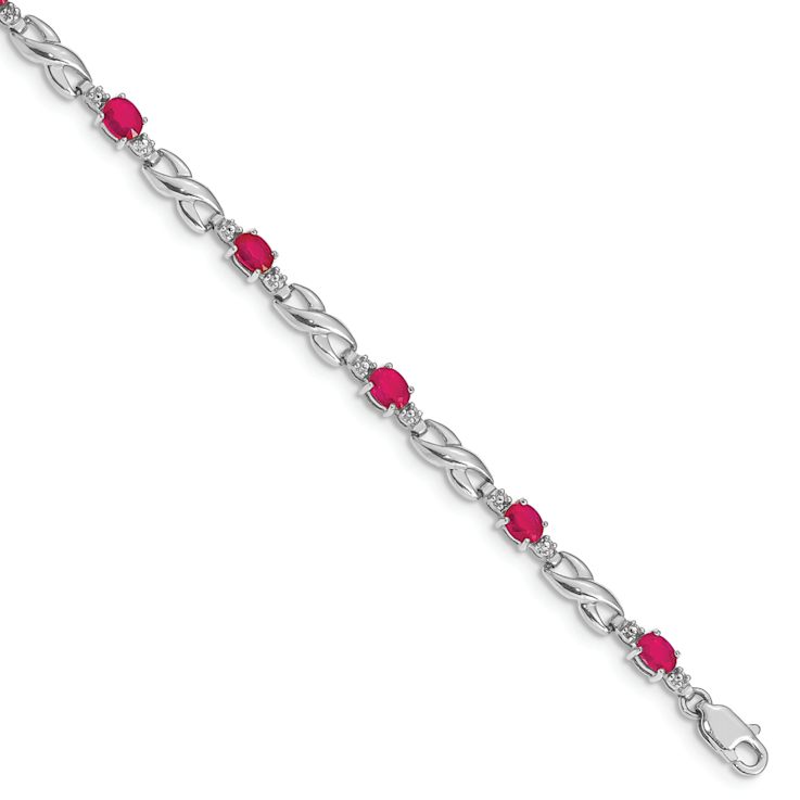Rhodium Over 10k White Gold Diamond and Composite Ruby Bracelet