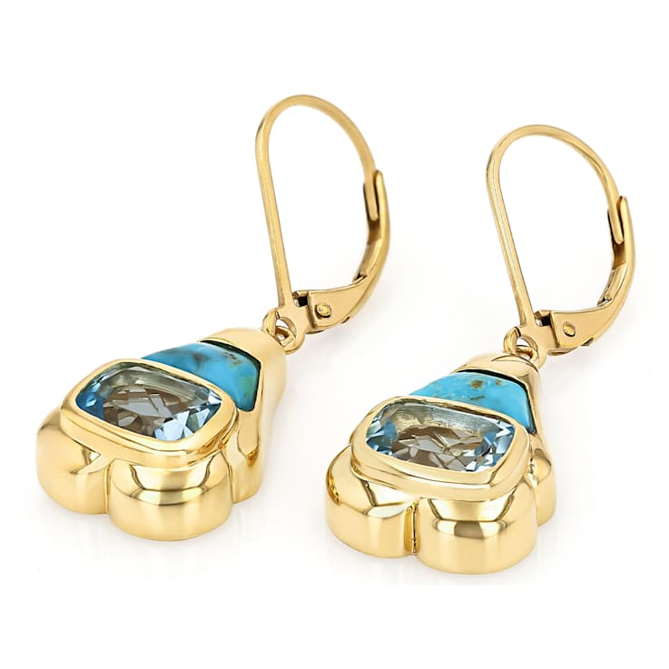 Blue Topaz And Inlay Turquoise Dangle Earrings In 18K Gold Over Sterling
Silver 2.89ctw