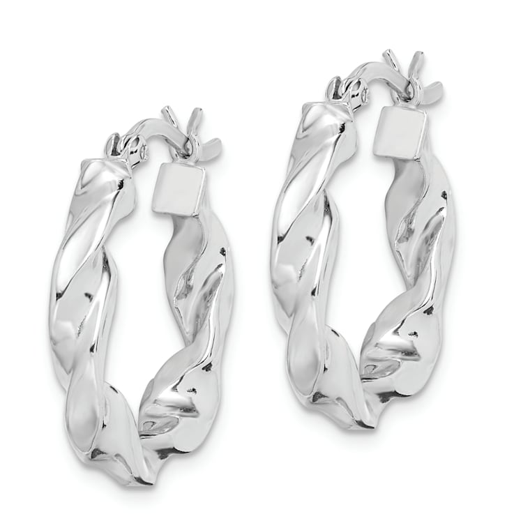 Rhodium Over Sterling Silver Twisted 3.5x20mm Hoop Earrings