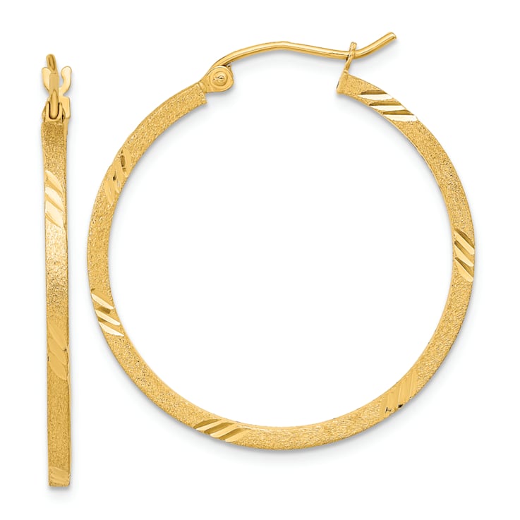 14k Yellow Gold Satin Diamond-cut 1 1/4" Square Tube Hoop Earrings