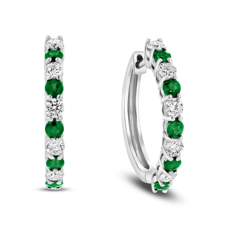 1.35ctw Emerald and Diamond Hoop Earrings in 14k White Gold