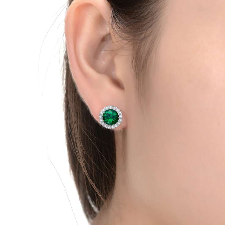 Emerald Color CZ Halo Stud Earrings In Sterling Silver