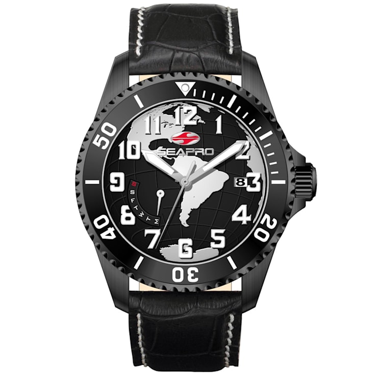 Seapro Men's Voyager Black Dial and Bezel, Black Leather Strap Watch