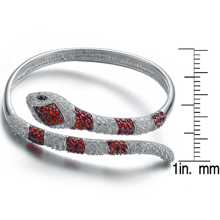 Ruby Color CZ Serpent Cuff Bracelet In Sterling Silver