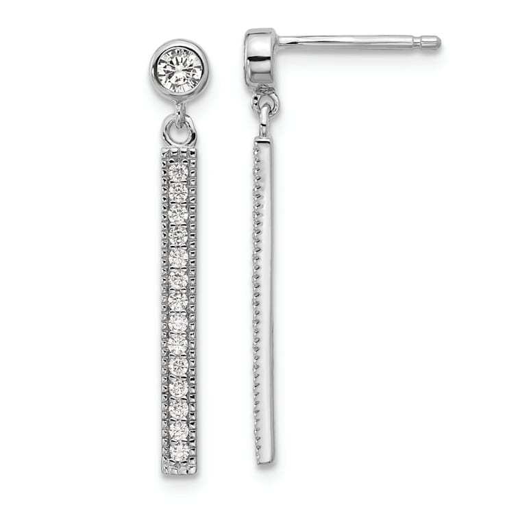 Rhodium Over Sterling Silver Polished Cubic Zirconia Bar Post Dangle Earrings