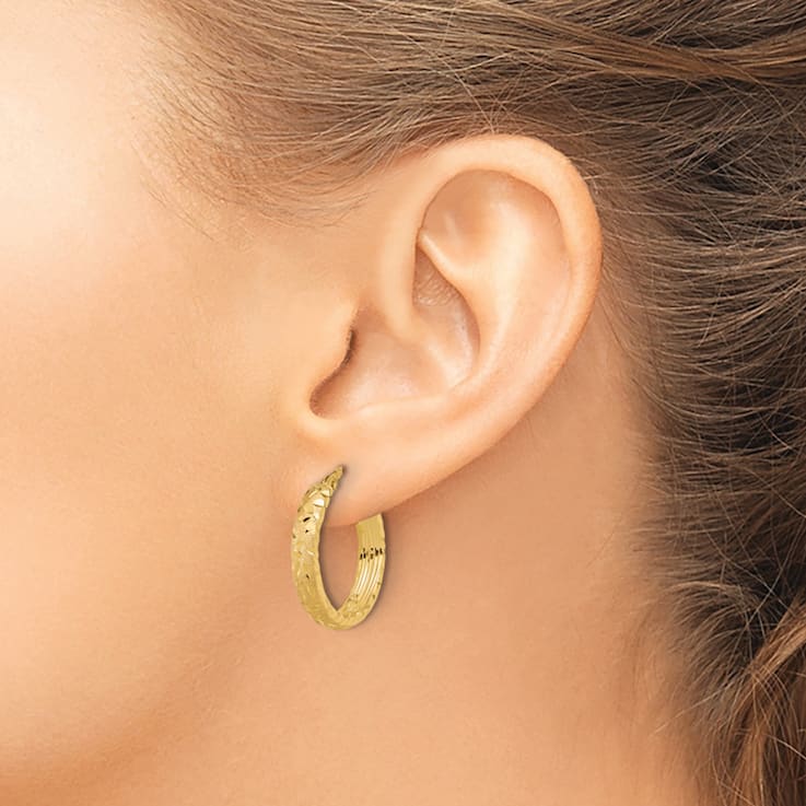 14k Yellow Gold Satin and Diamond-Cut 11/16" Hoop Earrings