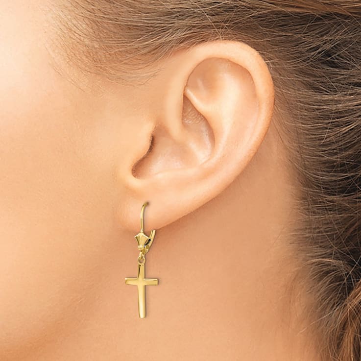 14k Yellow Gold Polished Cross Dangle Earrings