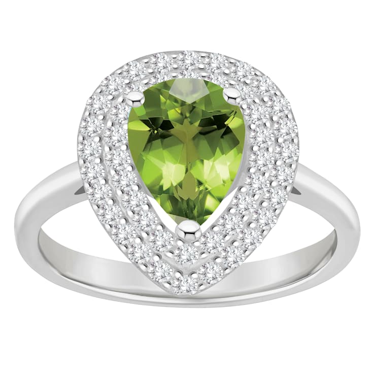 8x5mm Pear Shape Peridot And White Topaz Accents Rhodium Over Sterling
Silver Double Halo Ring