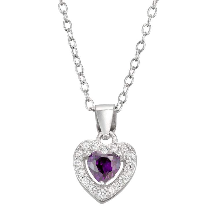 Purple And White Cubic Zirconia Rhodium Over Silver Children's Heart
Pendant With Chain 0.49ctw