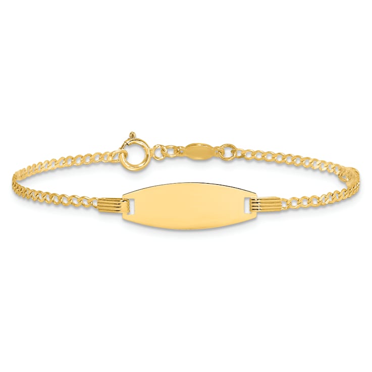 14k Yellow Gold Polished Kids ID with Pink Enameled Puffed Heart Bracelet