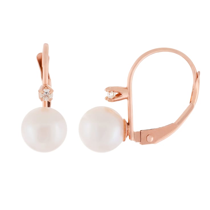 14k Rose Gold Leverback Earring with 6mm Freshwater Pearl and .06CT DTW