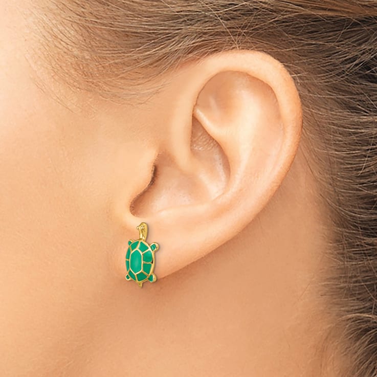 14k Yellow Gold Land Turtle with Green Enameled Shell Stud Earrings