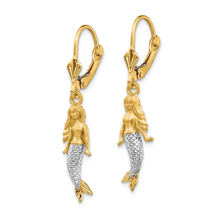 14k Yellow Gold and Rhodium Over 14k Yellow Gold Brushed Polished
Mermaid Dangle Earrings