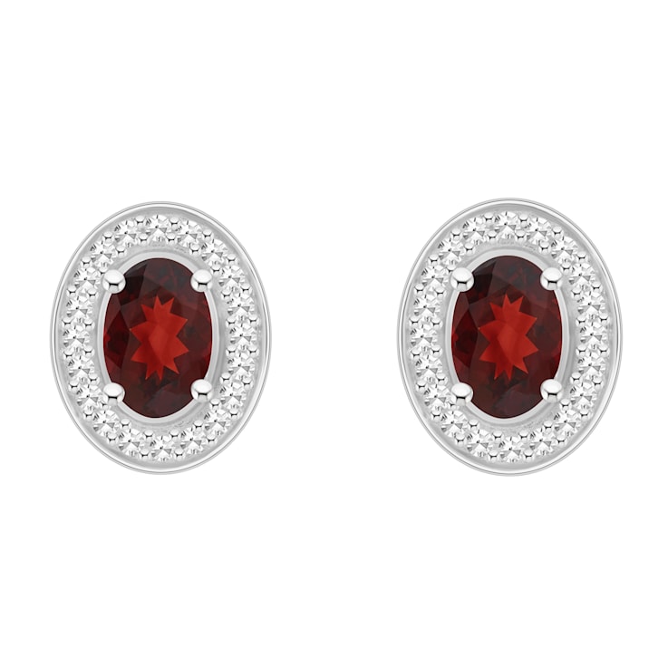 6x4mm Oval Garnet 1/5 ctw Diamond Rhodium Over Sterling Silver Halo Stud Earrings
