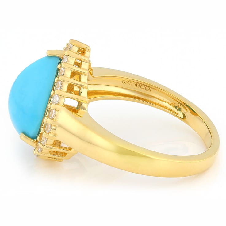 Turquoise Pear And White Zircon Ring In 18K Gold Over Sterling Silver 0.41ctw